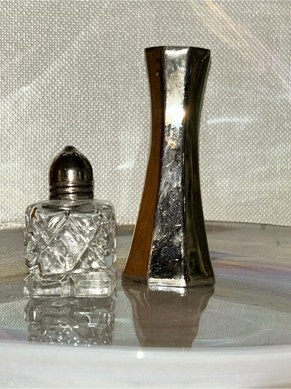 Mini Cut Glass Glass Salt Shaker Silver Top Silver Plated Shaker Mismatched Set